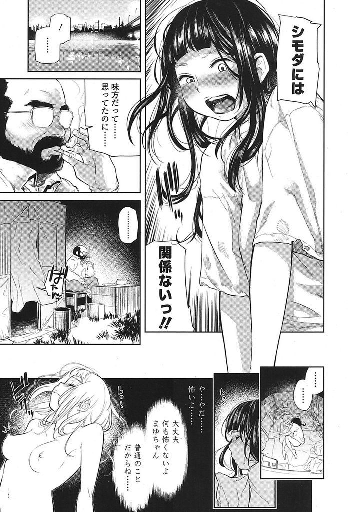 【エロ漫画】自殺未遂した貧乳のJKが浮浪者の優しさに触れる!久しぶりの女のオメコに興奮し生きてる喜びを実感しながら膣内射精する!