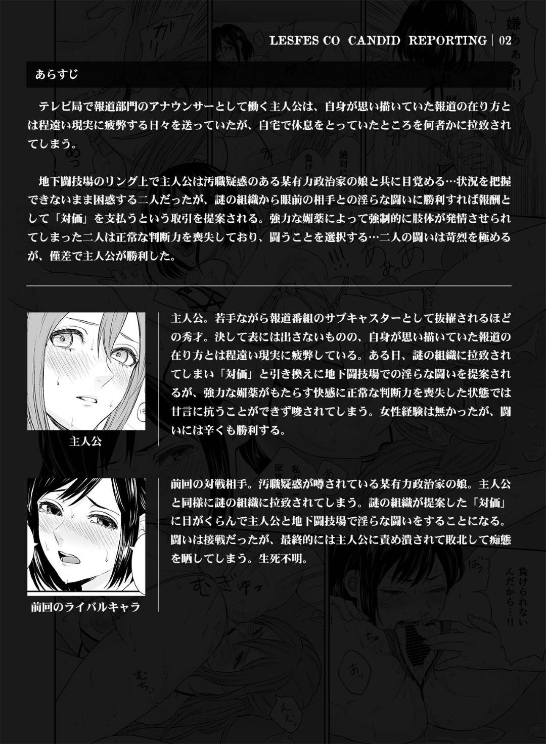 【エロ同人誌】謎の人物に囚われてエロ下着姿でセックス勝負させられるインテリ巨乳美女とギャル系美女…お互い手マンや乳首責めなど愛撫で責めまくり、貝合せレズセックスで淫乱アクメ【REMORA WORKS:LESFES CO CANDID REPORTING02】